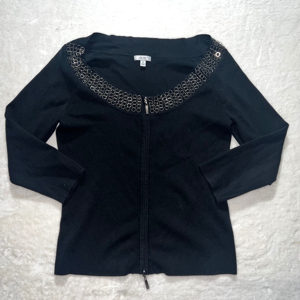 Cache‎ Black Silk Blend Chain Neck Zip Up Cardigan Top Womens Medium Luxury Chic